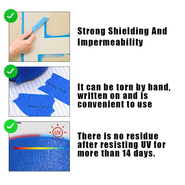 9 Blue UV Resistant Painters Masking Tape 7-14 Days UV Resistance Indoor Outdoor Use No Residue Safe for Wall Delicate Surface
